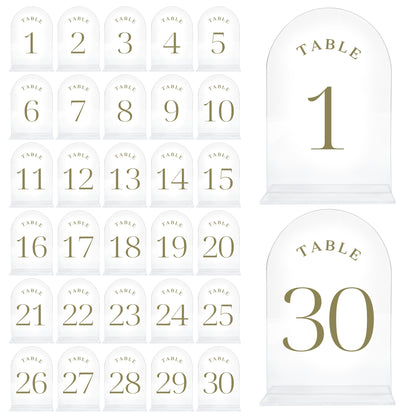 Table Numbers for Wedding Reception - Transparent Acrylic with Gold Writing, (Set of 1-30) Elegant Table Number Holders