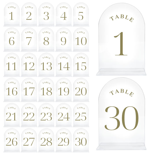 Table Numbers for Wedding Reception - Transparent Acrylic with Gold Writing, (Set of 1-30) Elegant Table Number Holders