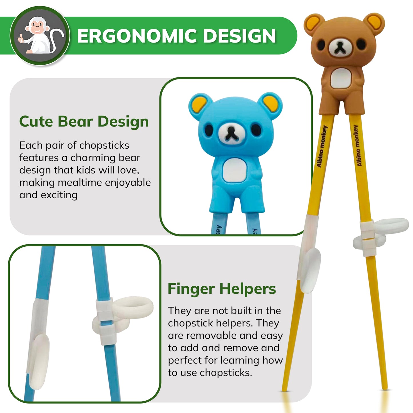 Kids Chopsticks For Beginners - Learning Edition - 6 Pairs + 6 Chopstick Helpers - Cute Bear Training Chopsticks, Dishwasher Safe