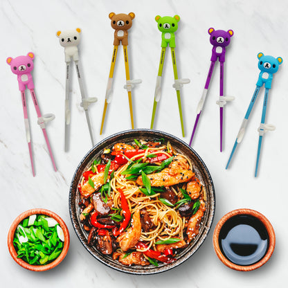 Kids Chopsticks For Beginners - Learning Edition - 6 Pairs + 6 Chopstick Helpers - Cute Bear Training Chopsticks, Dishwasher Safe