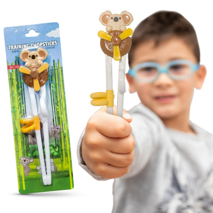 Baby Training Chopsticks for Kids - Fun Windmill Bear Chopsticks with Finger Helpers - Ideal Add For Toddler Silverware and Baby Utensils - Brown