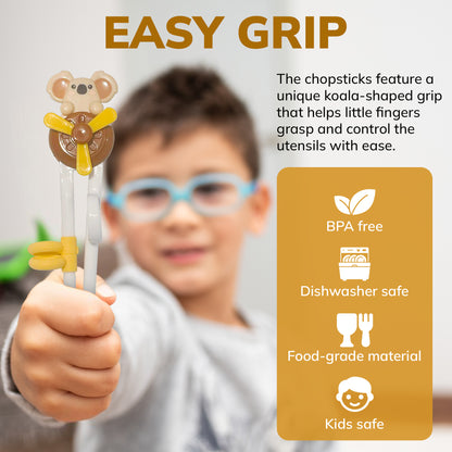 Baby Training Chopsticks for Kids - Fun Windmill Bear Chopsticks with Finger Helpers - Ideal Add For Toddler Silverware and Baby Utensils - Brown