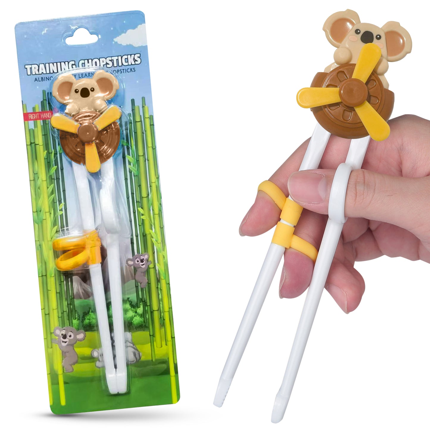 Baby Training Chopsticks for Kids - Fun Windmill Bear Chopsticks with Finger Helpers - Ideal Add For Toddler Silverware and Baby Utensils - Brown