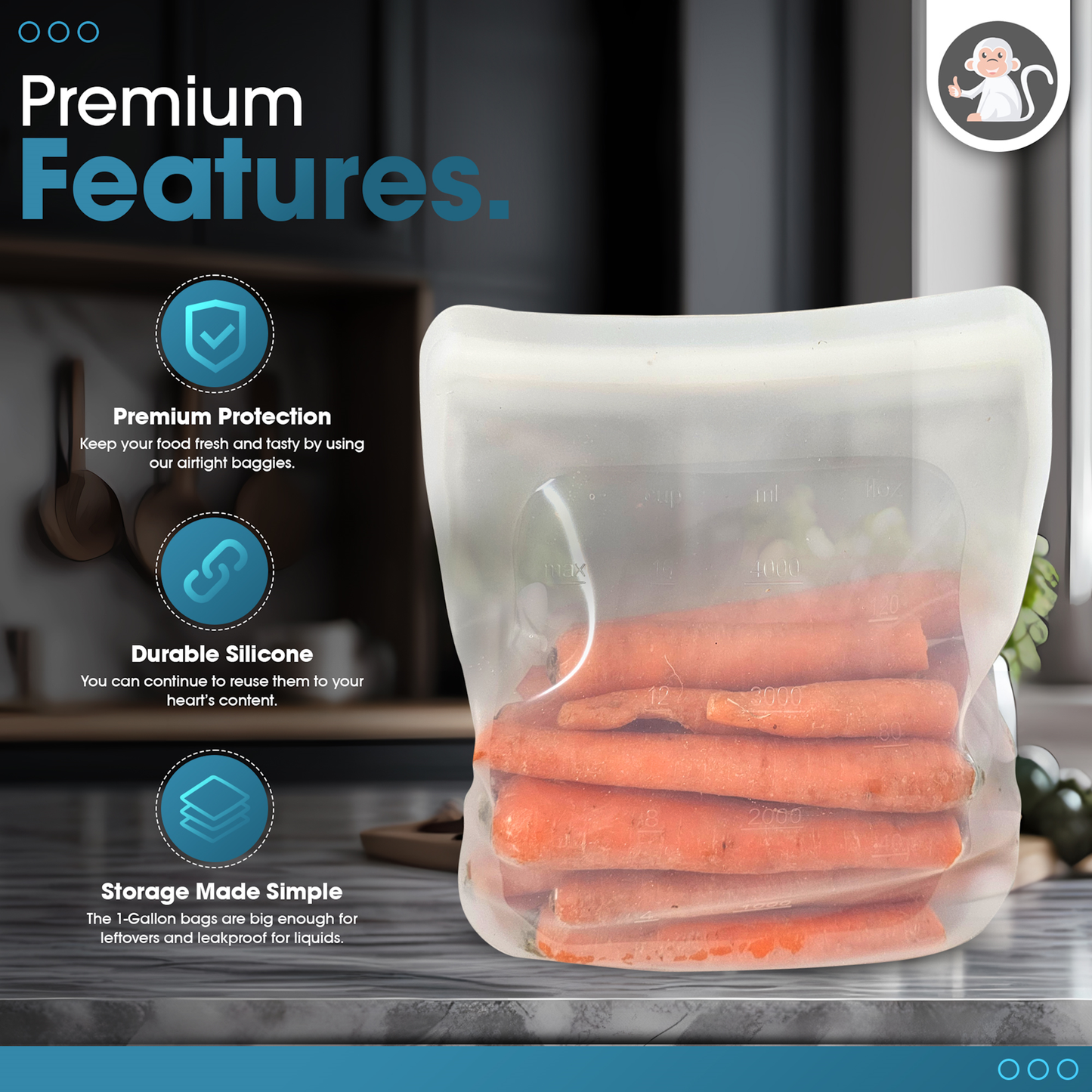 1 Pcs Reusable Sous Vide Silicone Bags - 1 Gallon, 135oz. XXL - Multi-use Food Bag, Storage, Freezer Bags, Zero Waste Food Container, Extra Large Bags (XX-Large - Clear)