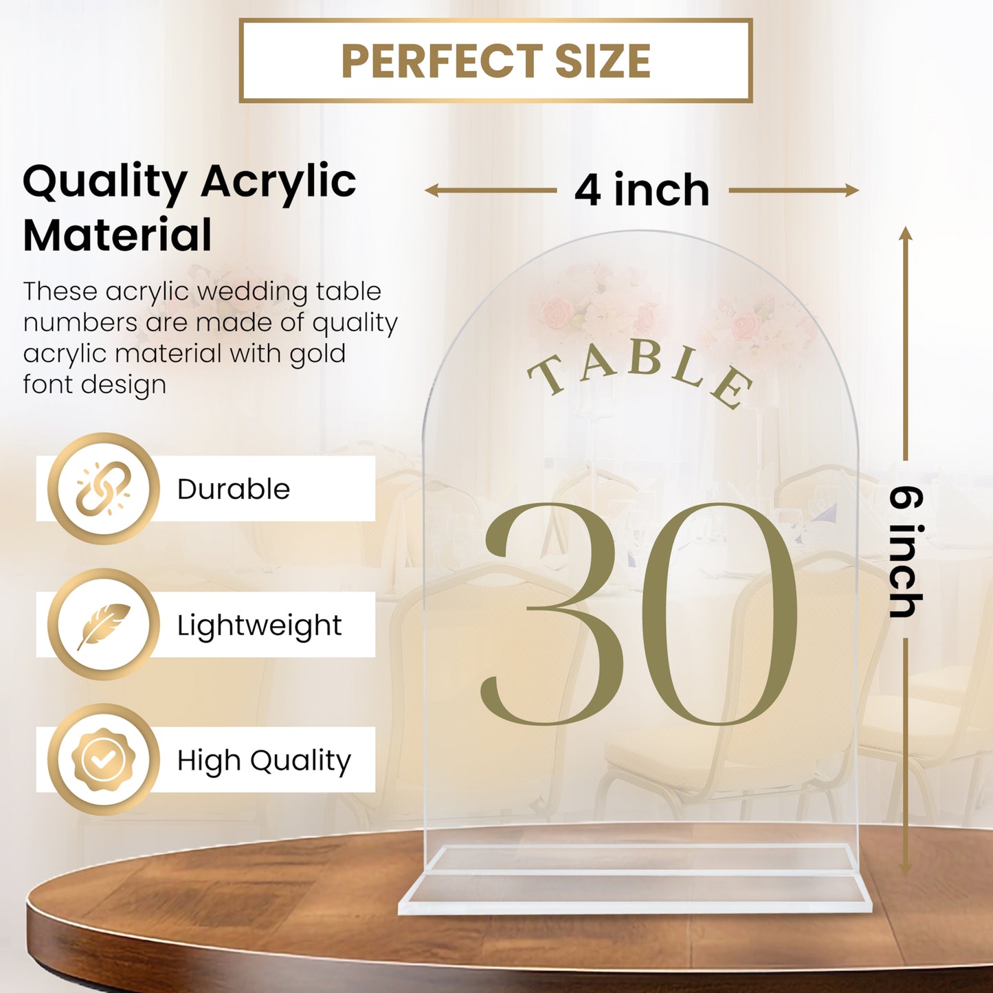 Table Numbers for Wedding Reception - Transparent Acrylic with Gold Writing, (Set of 1-30) Elegant Table Number Holders