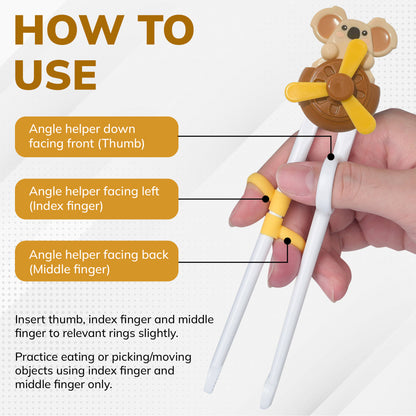 Baby Training Chopsticks for Kids - Fun Windmill Bear Chopsticks with Finger Helpers - Ideal Add For Toddler Silverware and Baby Utensils - Brown