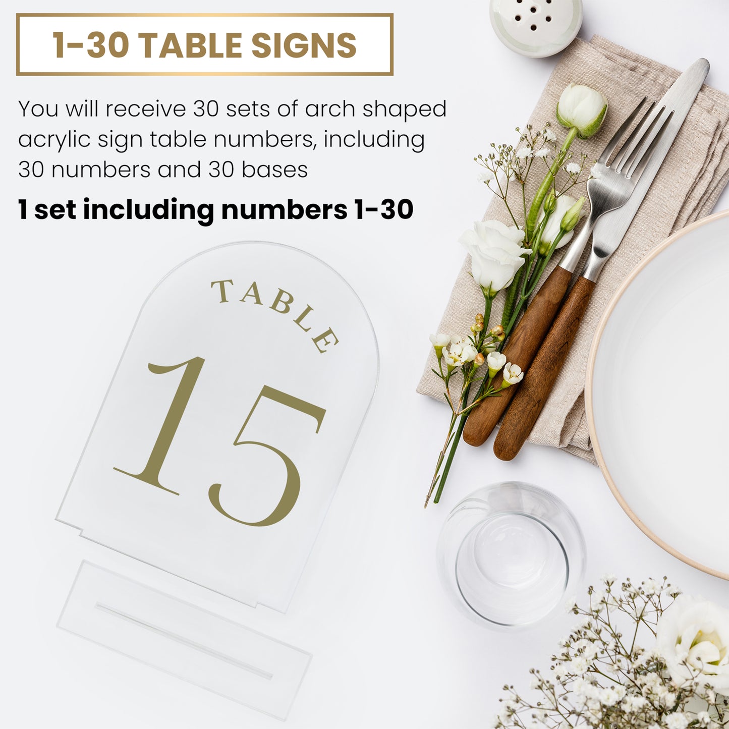 Table Numbers for Wedding Reception - Transparent Acrylic with Gold Writing, (Set of 1-30) Elegant Table Number Holders