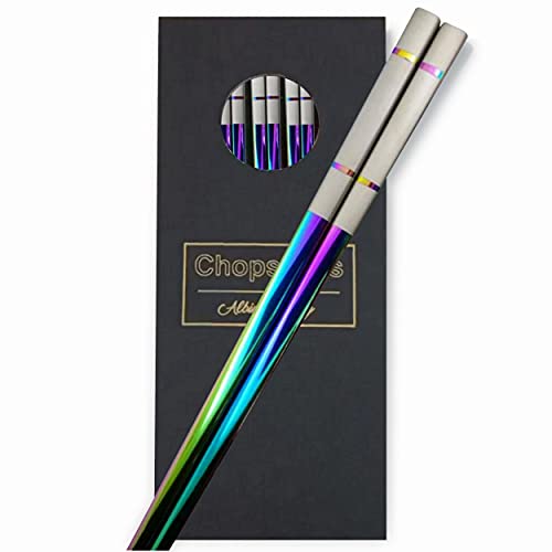 Albino Monkey Chopsticks Reusable - Set of 5 Pairs per Pack - Made of Food-Safe Stainless Steel - Holographic Design - Asian Dining Utensils for Home Kitchen & Restaurants - With Black Giftable Box