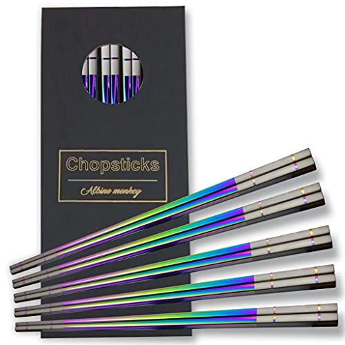 Albino Monkey Chopsticks Reusable - Set of 5 Pairs per Pack - Made of Food-Safe Stainless Steel - Holographic Design - Asian Dining Utensils for Home Kitchen & Restaurants - With Black Giftable Box